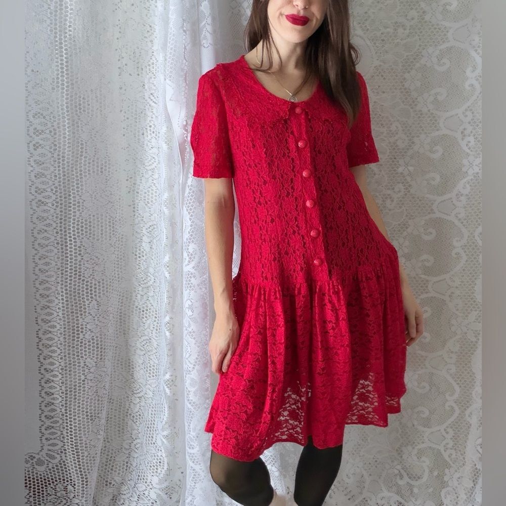 Vintage 90s Lace Dress Diana Marco Red Button Front - Picture 4 of 9